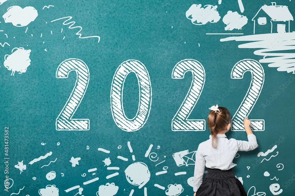 2022快乐新年学校课堂教学日历，学生儿童绘画