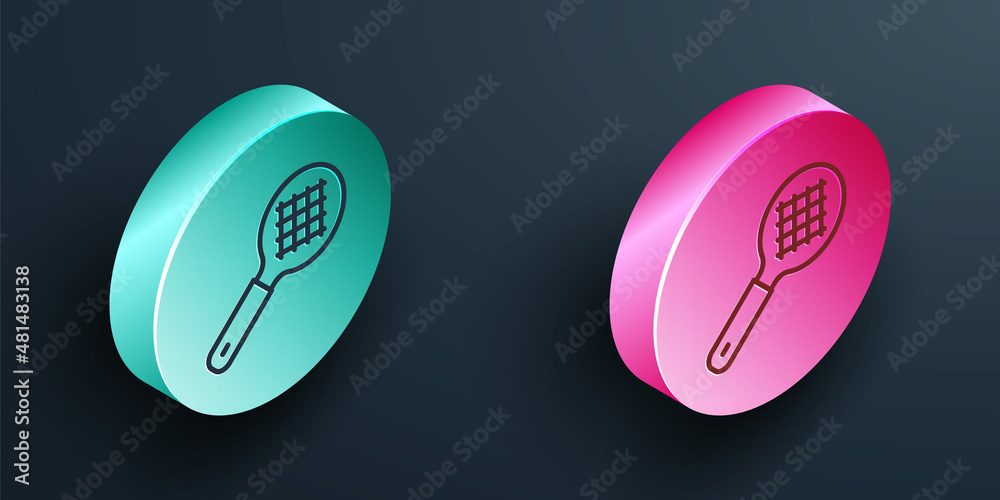 Isometric line Tea strainer with handle icon isolated on black background. Metal sieve. Turquoise an