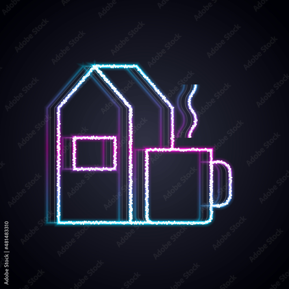 Glowing neon line Cup of tea with milk icon isolated on black background. Vector