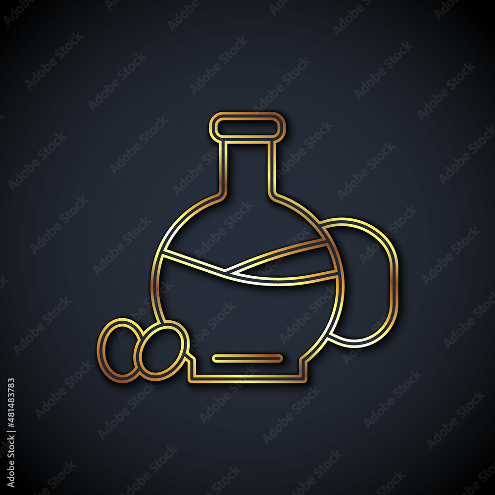 Gold line Bottle of olive oil icon isolated on black background. Jug with olive oil icon. Vector