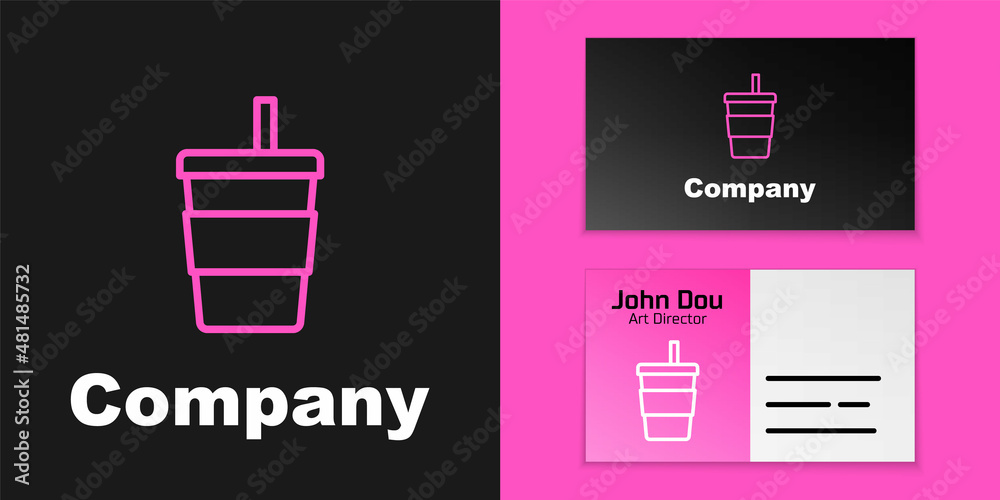 Pink line Paper glass with drinking straw and water icon isolated on black background. Soda drink gl