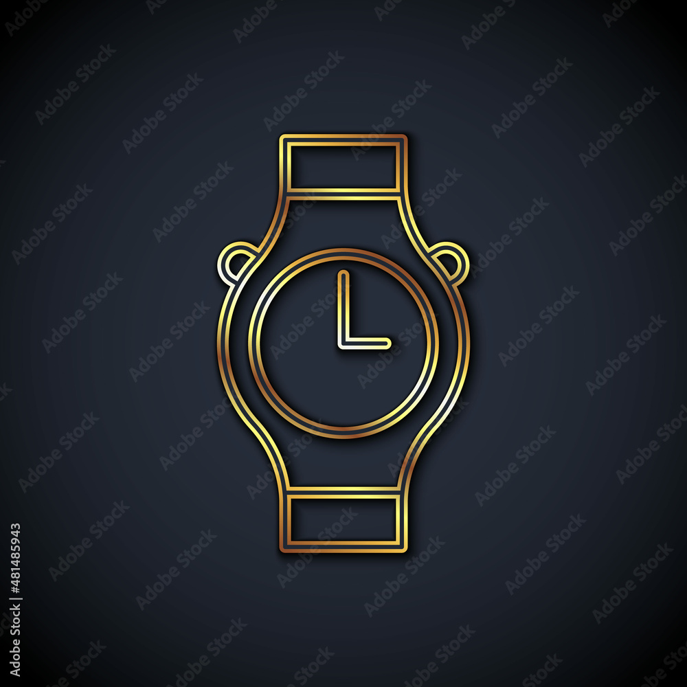 Gold line Wrist watch icon isolated on black background. Wristwatch icon. Vector