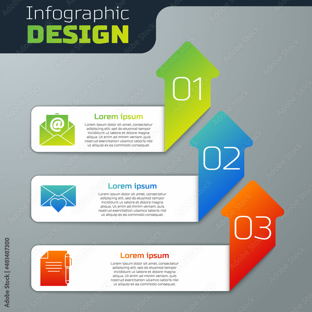 Set Mail and e-mail, Envelope with Valentine heart and Document and pen. Business infographic templa