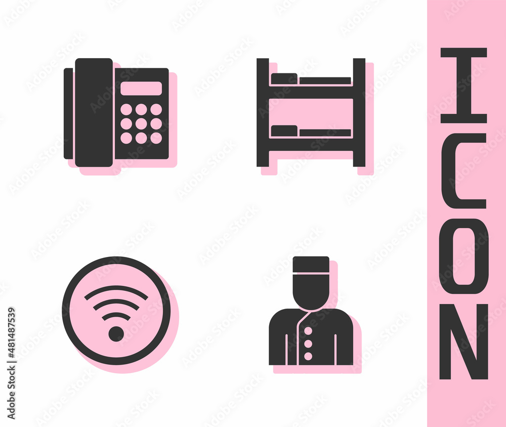 Set Concierge, Telephone handset, Wi-Fi wireless and Hotel room bed icon. Vector