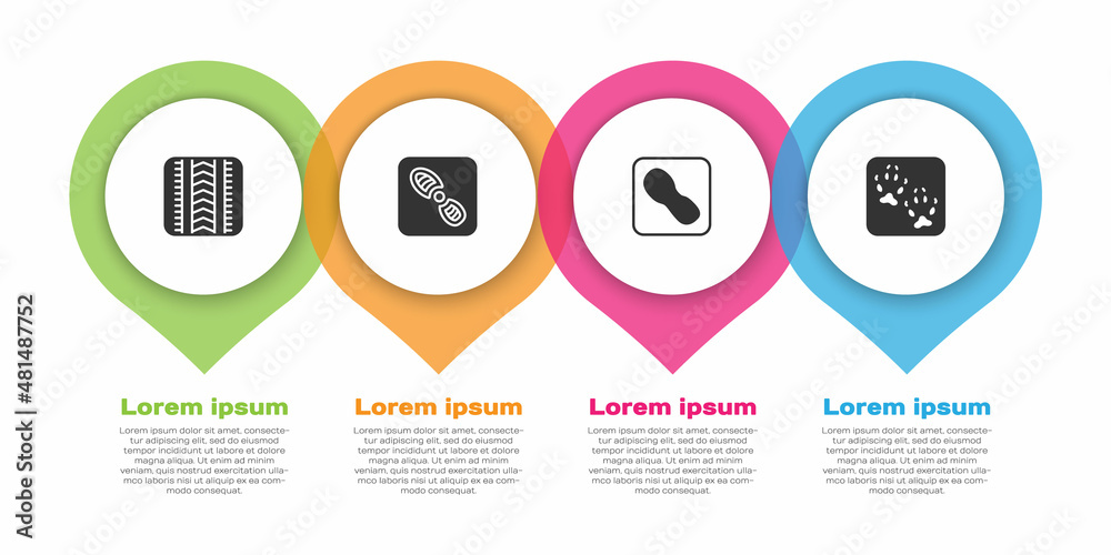 设置轮胎轨迹、人类足迹鞋和狐狸爪。商业信息图模板。矢量