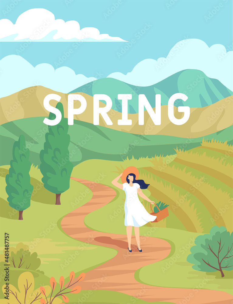 Green spring poster illustration with a young woman walking on a country road