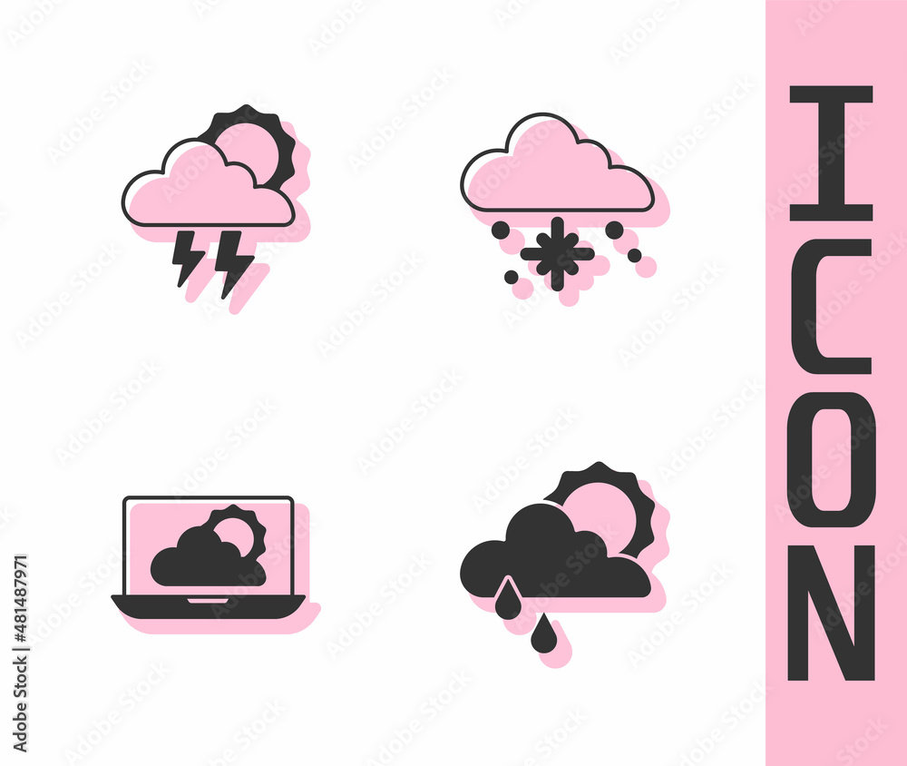 Set Cloud with rain and sun, Storm, Weather forecast and snow icon. Vector