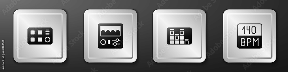 设置鼓机、音乐均衡器和比特率图标。银色方形按钮。矢量