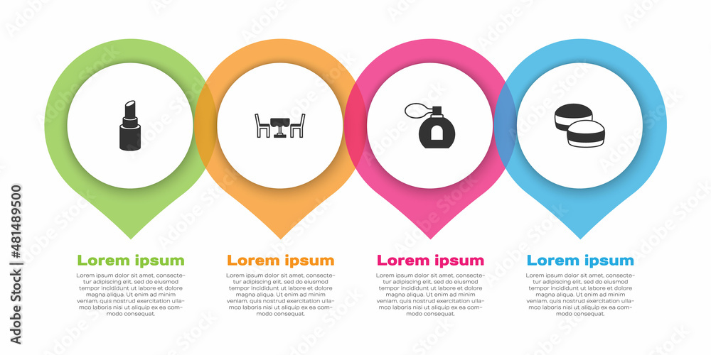 套装口红、法国咖啡馆、香水和通心粉饼干。商业信息图形模板。矢量