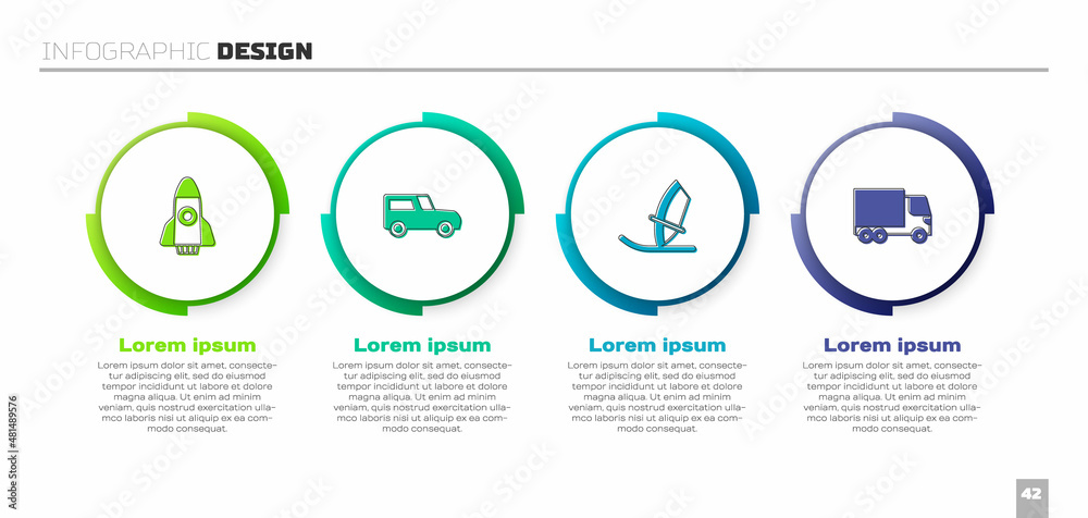设置火箭船、汽车、风帆冲浪和送货卡车。商业信息图模板。矢量