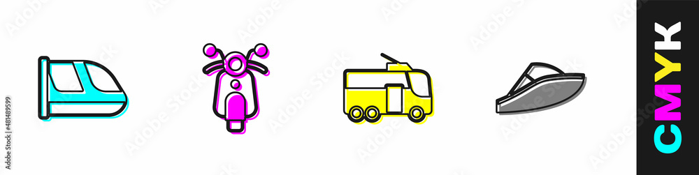 Set Train and railway, Scooter, Trolleybus and Speedboat icon. Vector