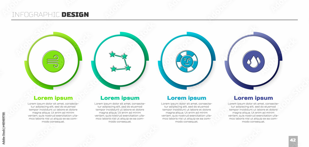 设置大风天气、黄道十二宫、太阳和水滴。商业信息图模板。Vec