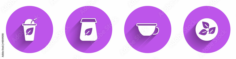 Set Cup of tea with leaf, Tea packaging, and icon with long shadow. Vector