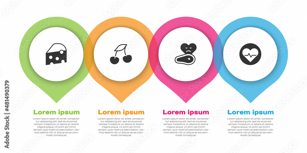 奶酪、新鲜浆果、牛排和心率。商业信息图模板。矢量