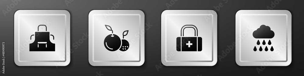 Set Kitchen apron, Fruit, First aid kit and Cloud with rain icon. Silver square button. Vector