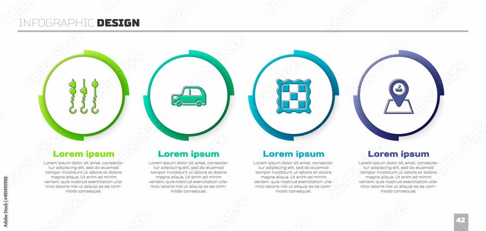 Set Grilled shish kebab on skewer, Car, Checkered napkin and Picnic location. Business infographic t