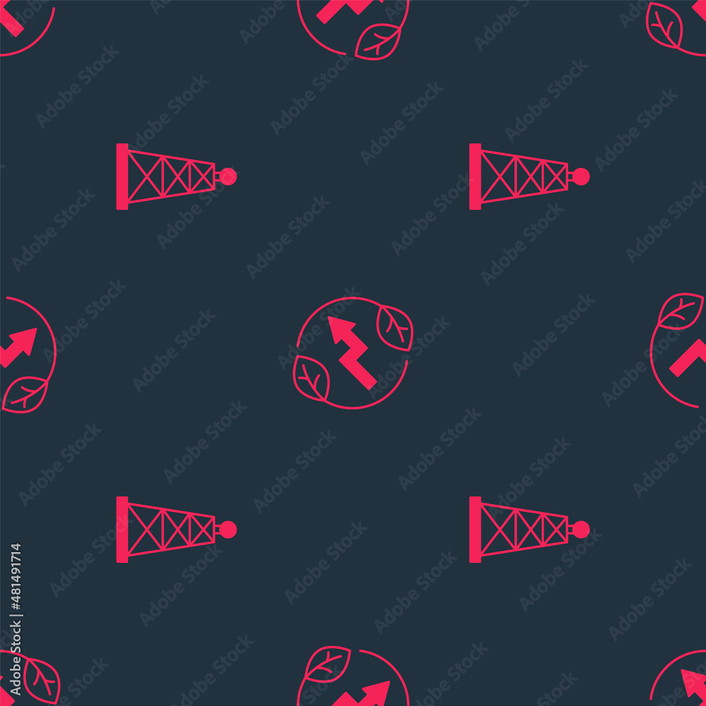 Set Oil rig and Electric saving plug in leaf on seamless pattern. Vector