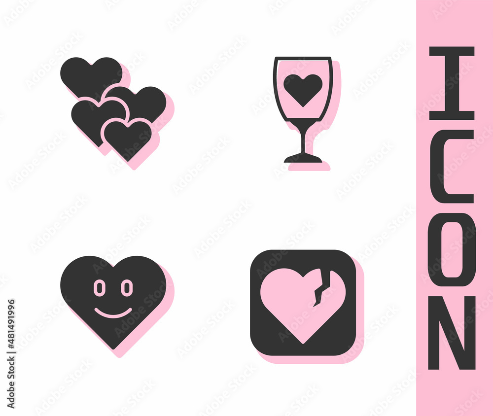 Set Broken heart or divorce, Heart, and Glass of champagne icon. Vector