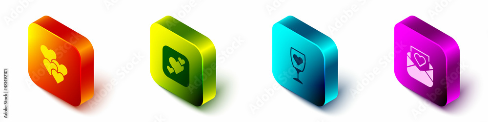 Set Isometric Heart, Glass of champagne and Envelope with Valentine heart icon. Vector