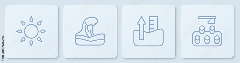 Set line Sun, Rise in water level, Tsunami and Deforestation. White square button. Vector