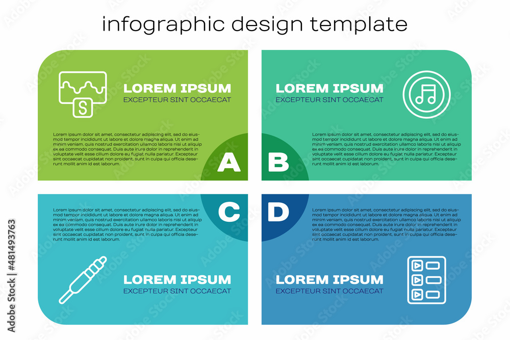 设置线路音频插孔、音乐波形均衡器、播放列表和音符、音调。商业信息图模板.V