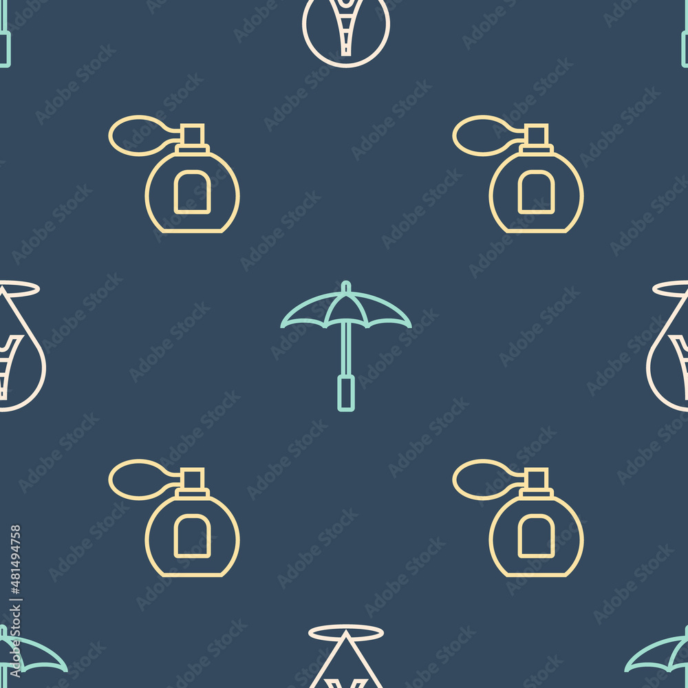 Set line Eiffel tower, Perfume and Umbrella for beach on seamless pattern. Vector