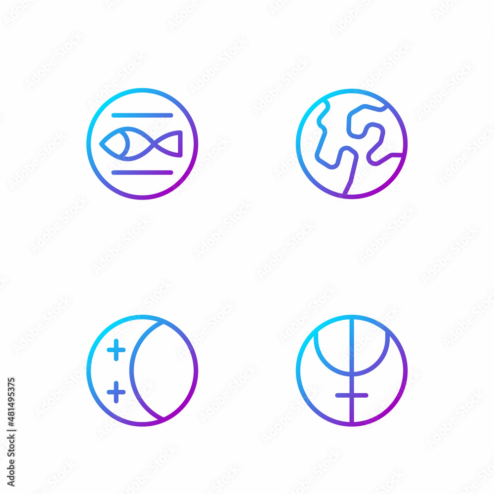 Set line Neptune planet, Eclipse of the sun, Pisces zodiac and Earth globe. Gradient color icons. Ve