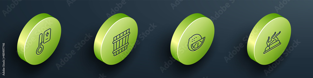 Set Isometric line Sauna thermometer, bucket, Lemon and Campfire icon. Vector