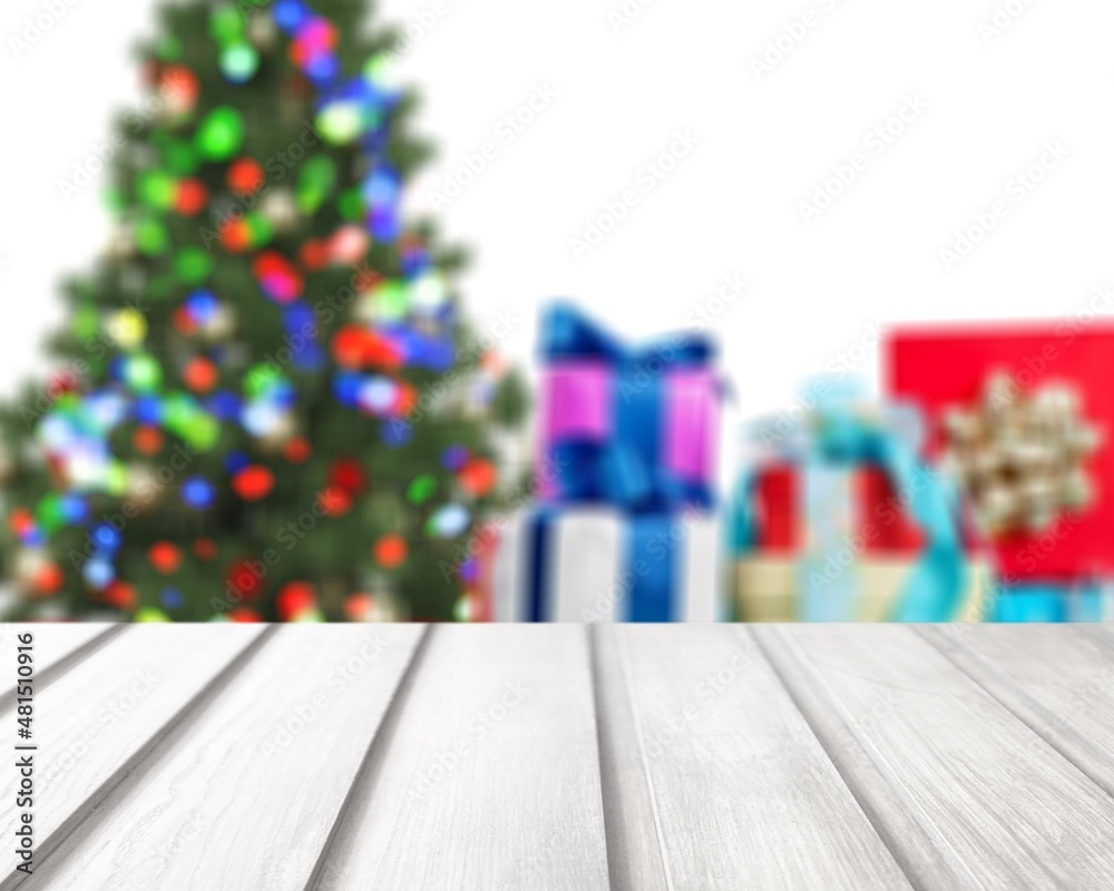 Blank wooden table in Christmas interior for object placement