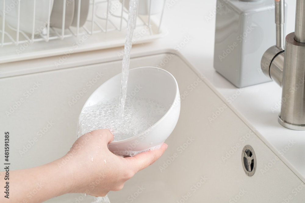 Woman housewife is doing the dishes at home kitchen.