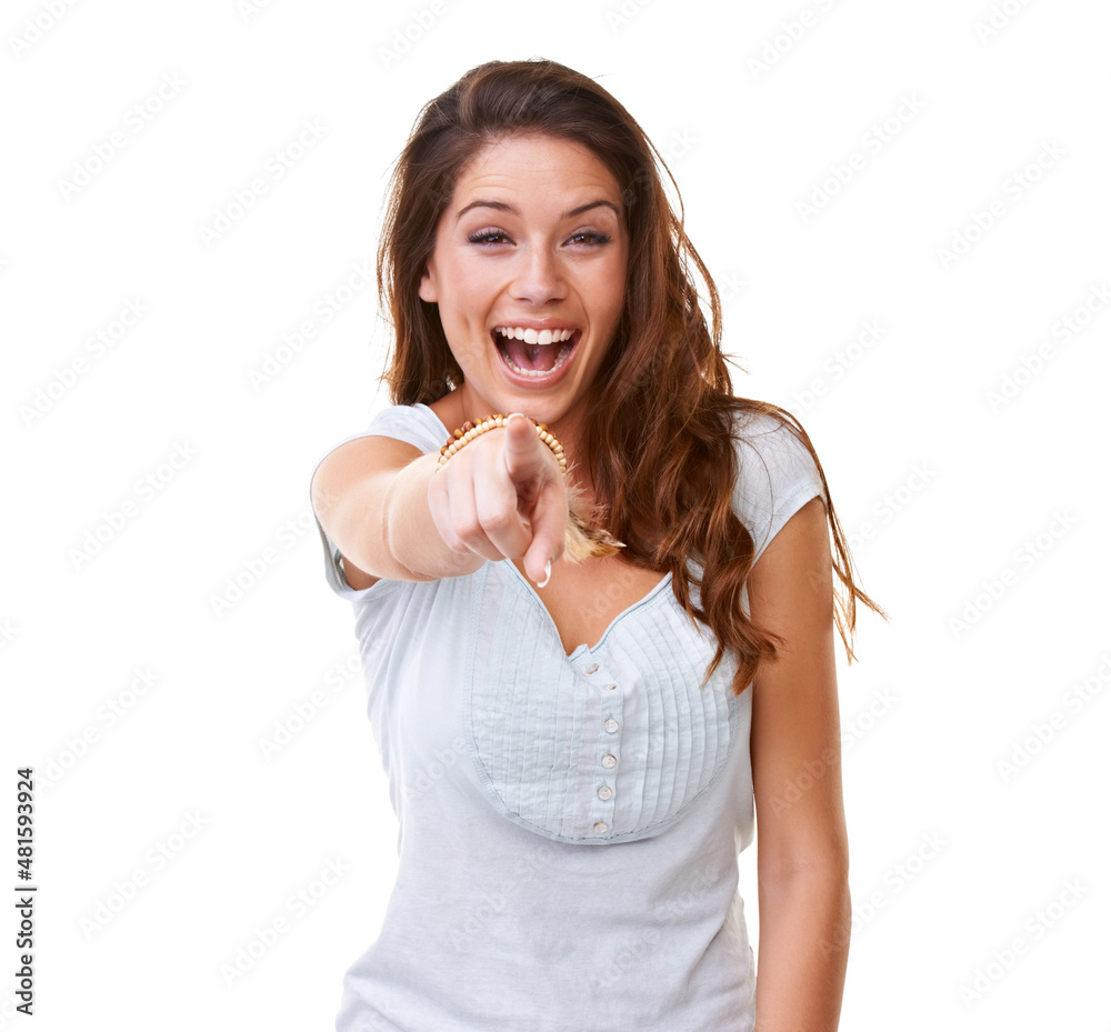 Genuine laughter. A gorgeous young woman laughing and pointing at the camera.