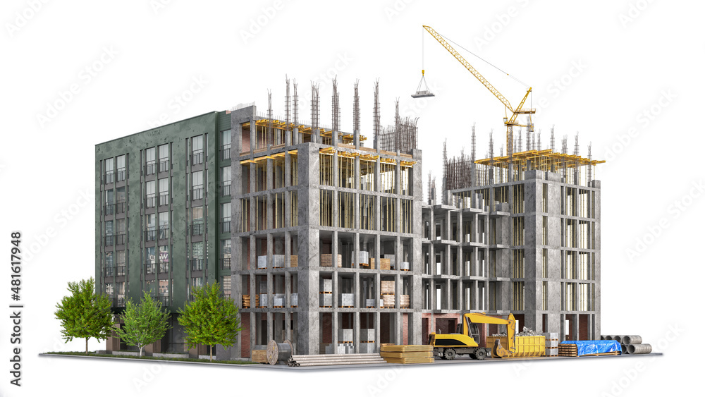 Building in half of construction with a finished building facade on white background. 3d illustratio