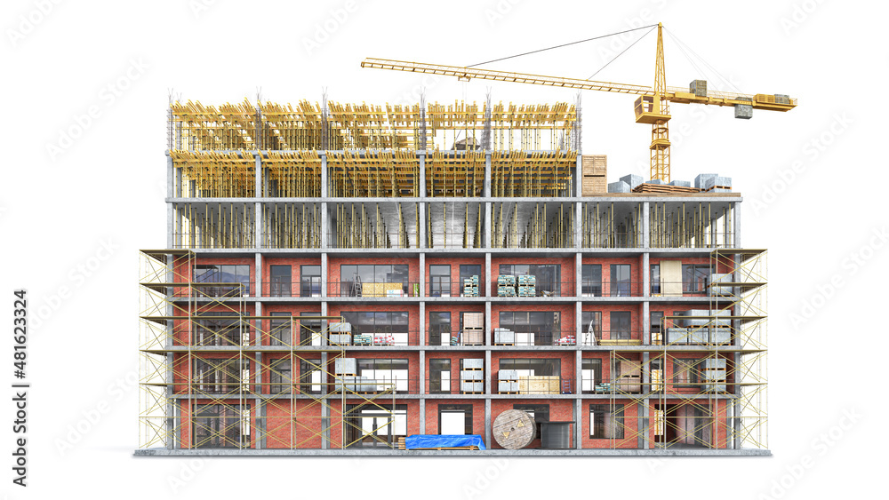 白色背景下正在建造的建筑。3d插图