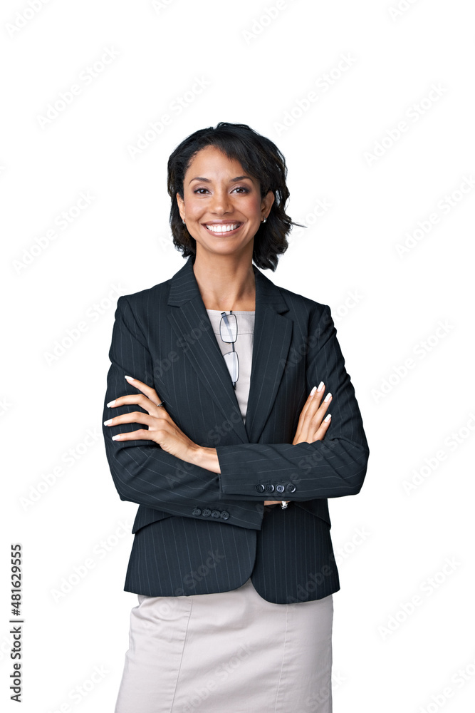 Business is good. Studio portrait of a successful businesswoman posing against a white background.