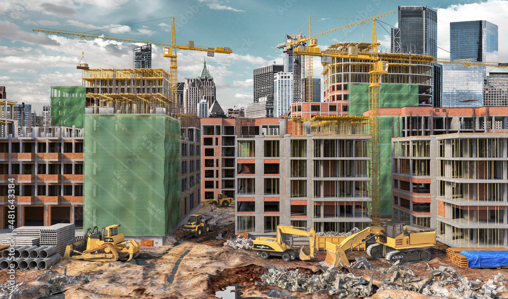 Residential buildings under construction with a construction site. 3d illustration