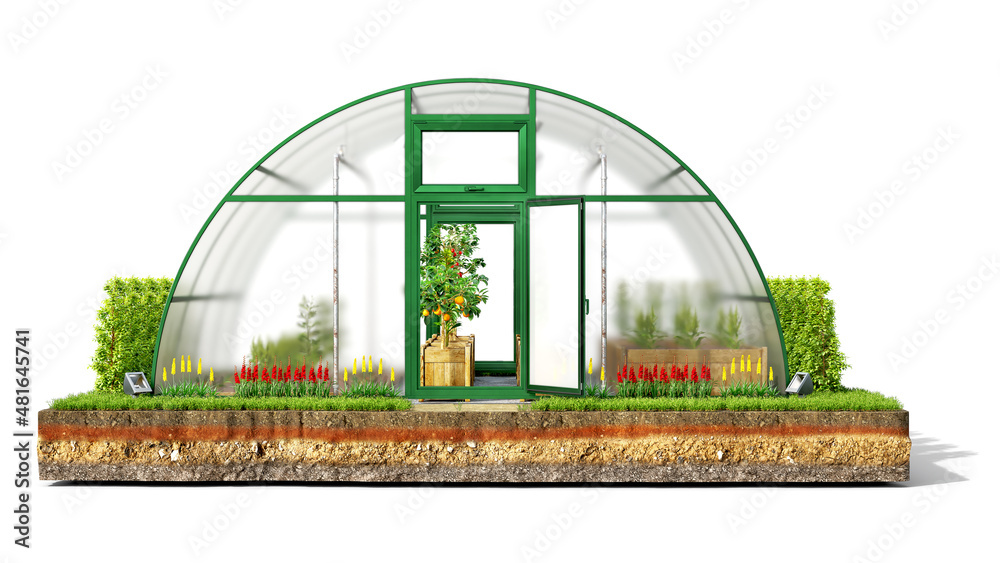 一块地上的温室前视图，白色背景隔离，三维插图