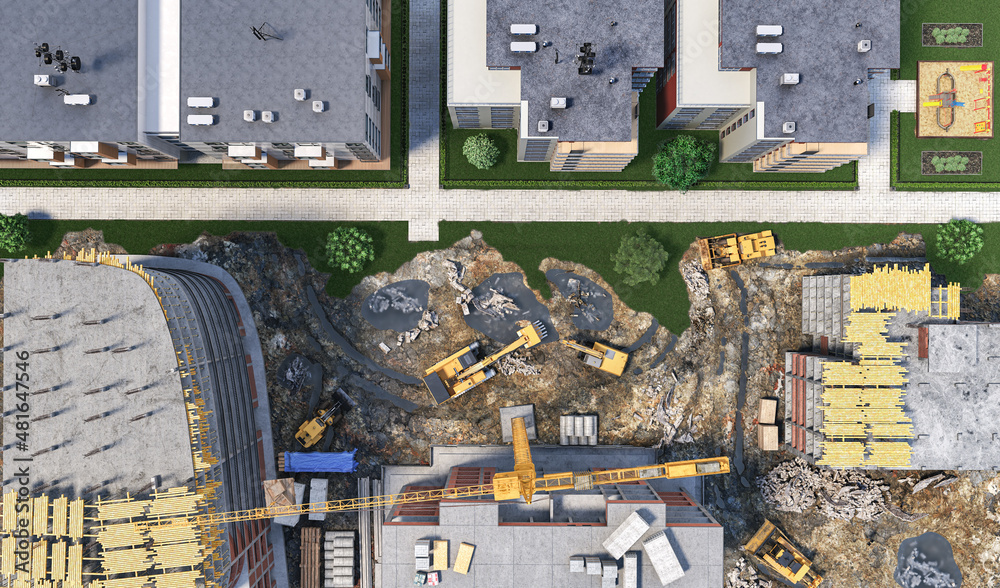 Residential buildings construction with half finished houses top view. 3d illustration