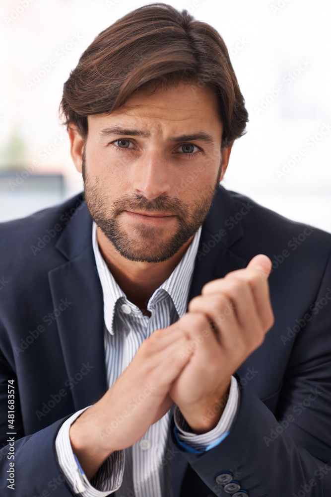 Cool, calm and collected. Portrait of a handsome businessman rubbing his hands together.