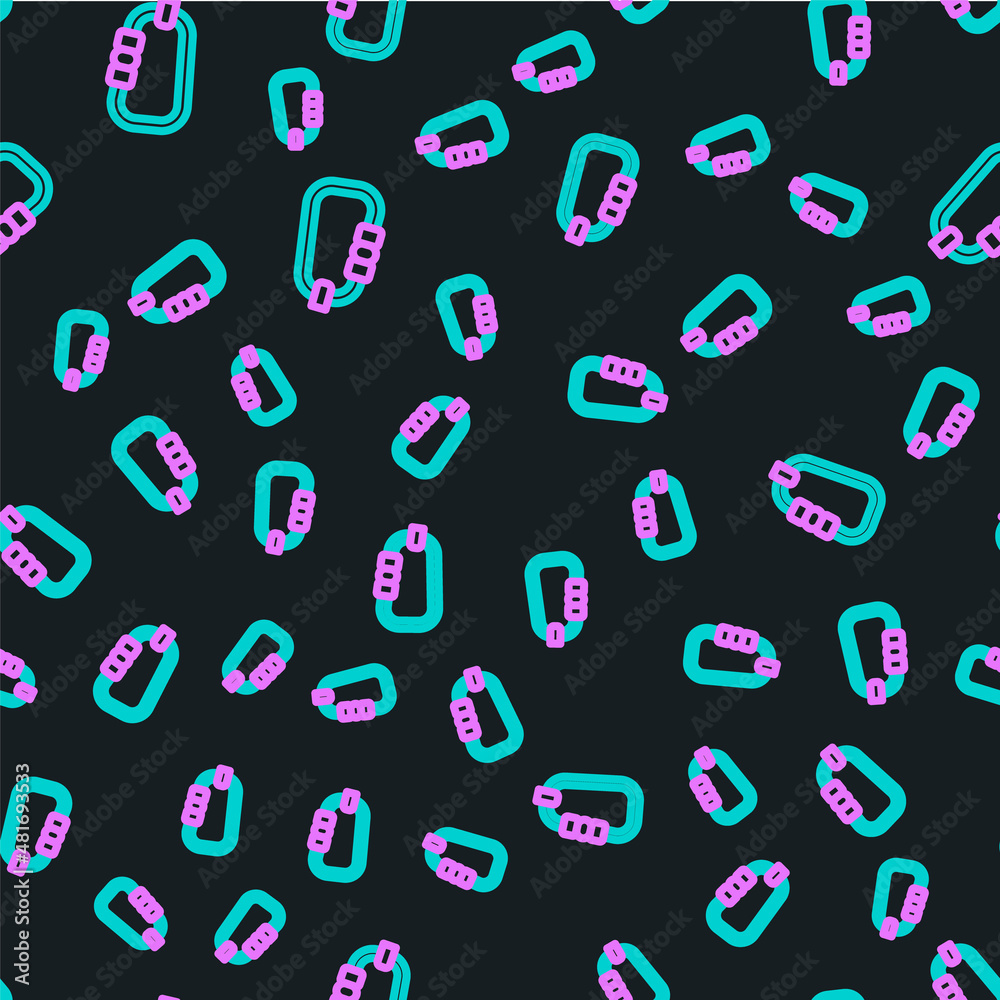 Line Carabiner icon isolated seamless pattern on black background. Extreme sport. Sport equipment. V