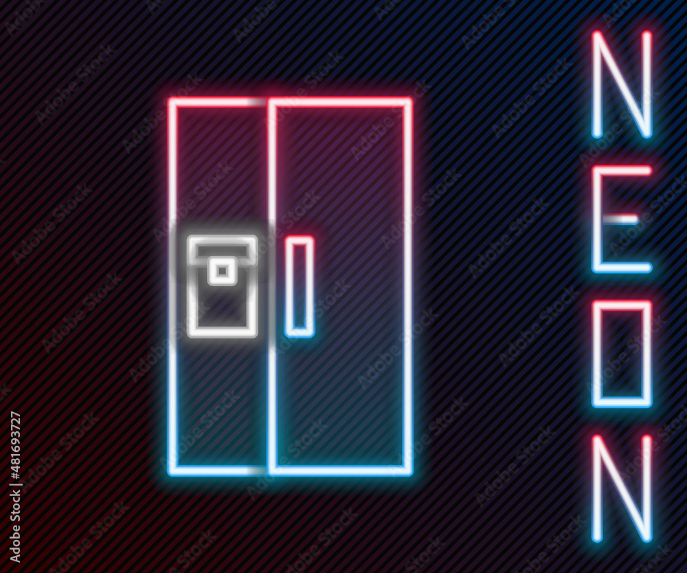 Glowing neon line Refrigerator icon isolated on black background. Fridge freezer refrigerator. House