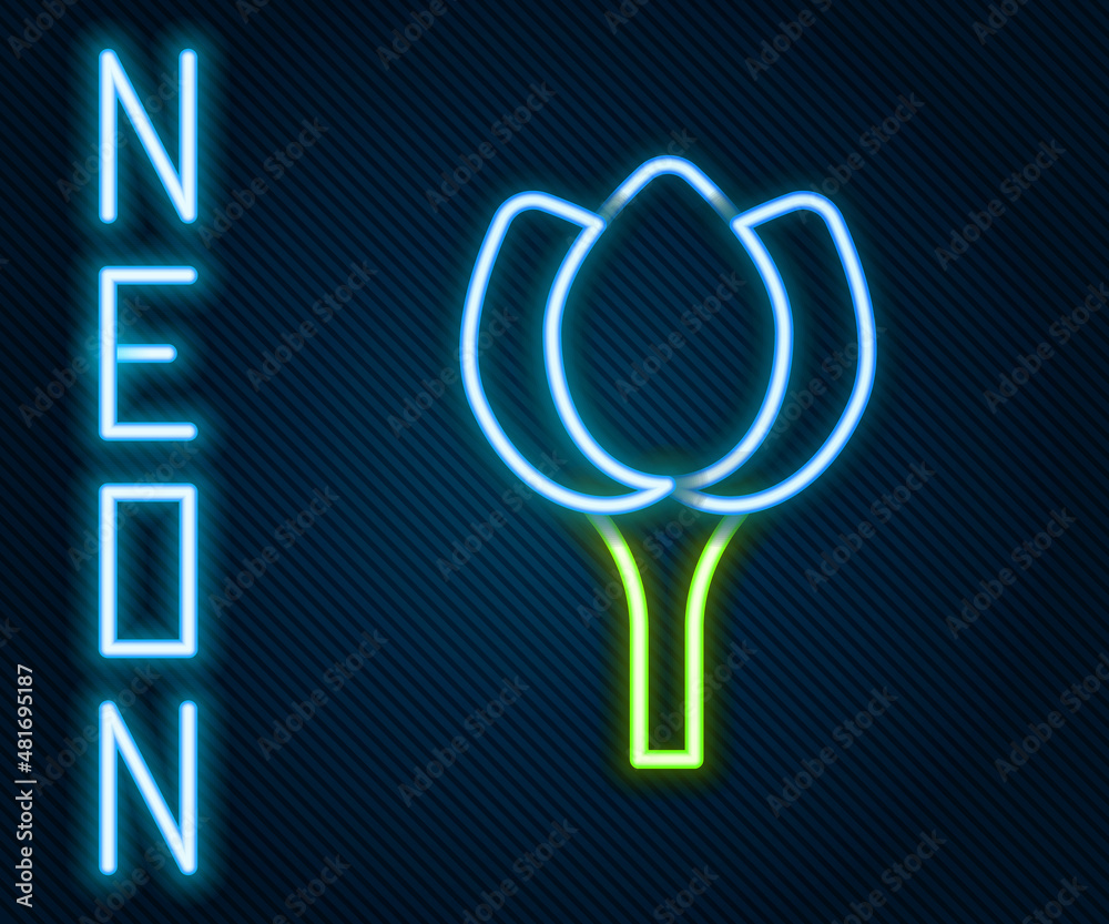 Glowing neon line Flower tulip icon isolated on black background. Colorful outline concept. Vector