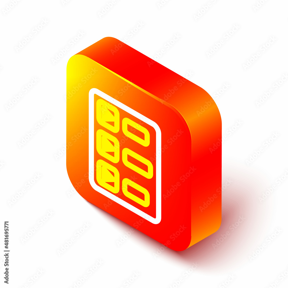 Isometric line Music playlist icon isolated on white background. Orange square button. Vector