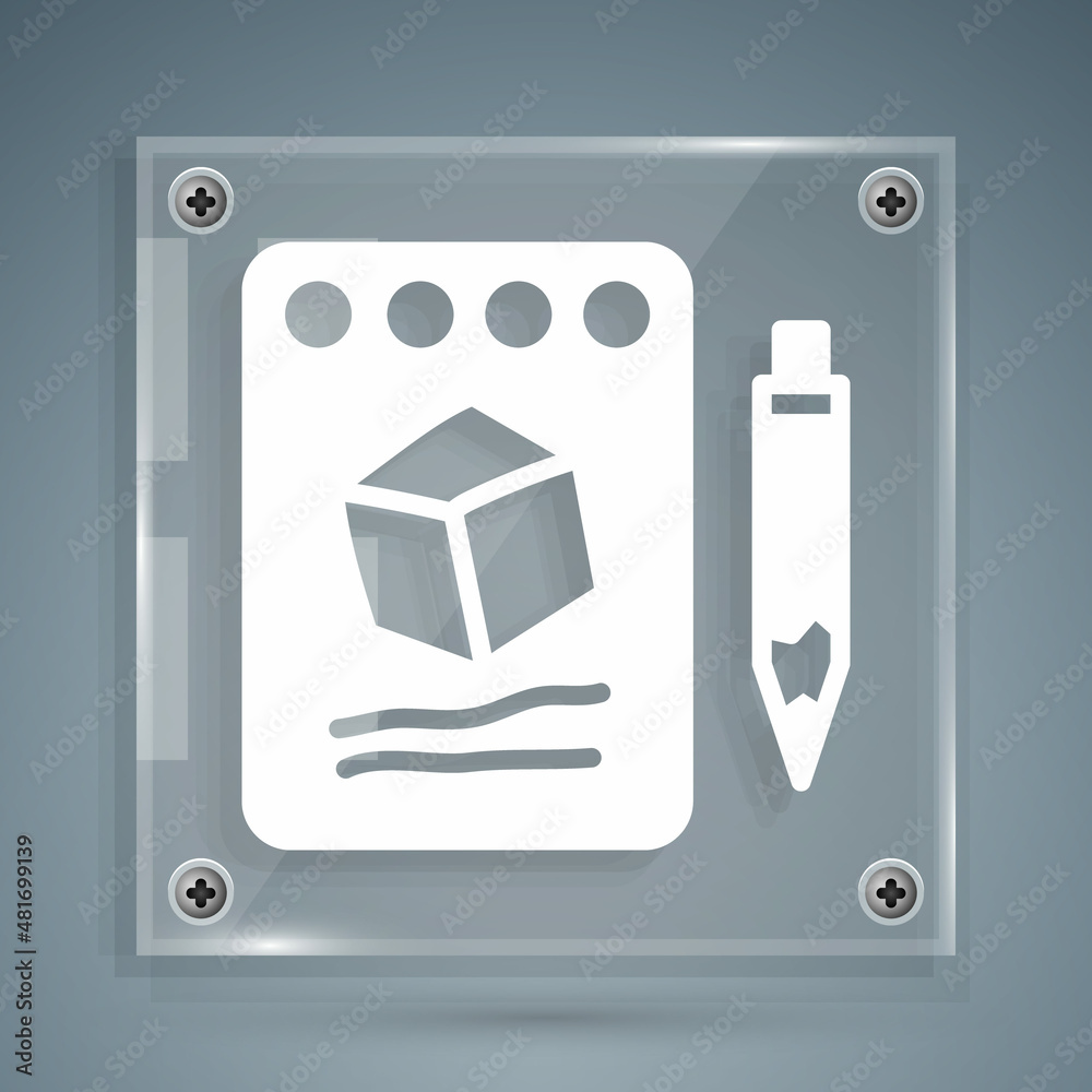 White Sketch on paper icon isolated on grey background. Square glass panels. Vector