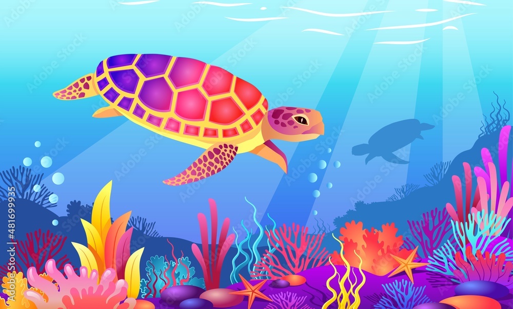 tropical turtle swims in the ocean over colored exotic sea corals