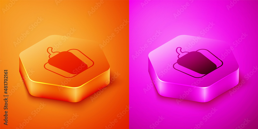 Isometric Bell pepper or sweet capsicum icon isolated on orange and pink background. Hexagon button.