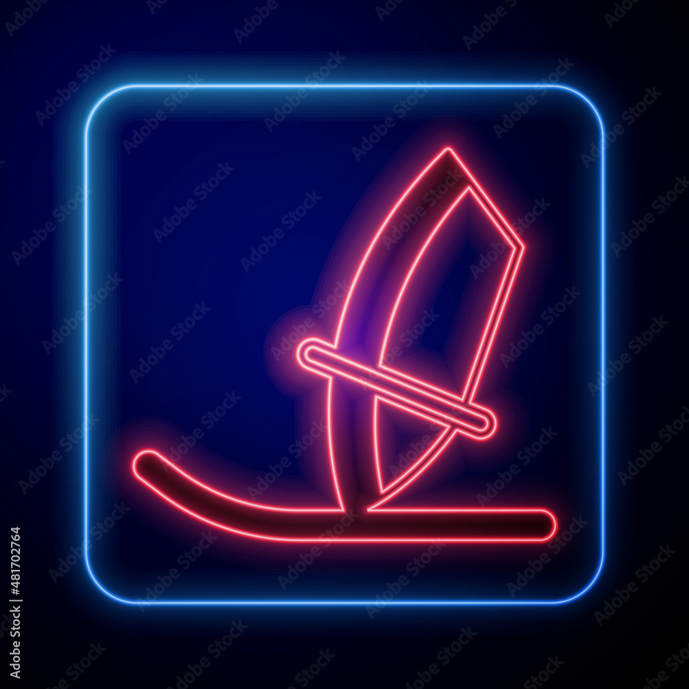 Glowing neon Windsurfing icon isolated on black background. Vector