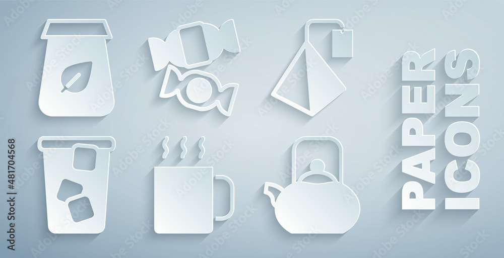 Set Cup of tea, Tea bag, Ice, Kettle with handle, Candy and packaging icon. Vector