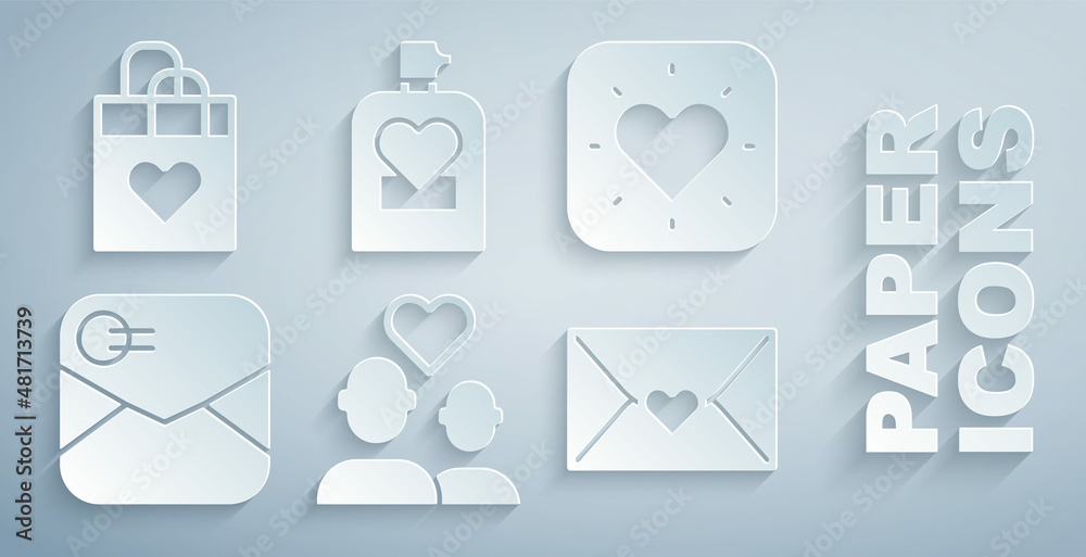 Set Lover couple, Heart, Envelope with Valentine heart, Perfume and Shopping bag icon. Vector