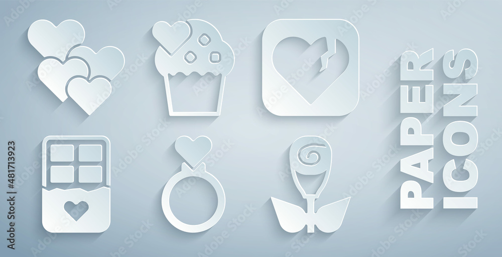 Set Wedding rings, Broken heart or divorce, Chocolate bar, Flower rose, cake and Heart icon. Vector