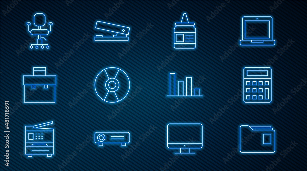 Set line Document folder, Calculator, Glue, CD DVD disk, Briefcase, Office chair, Pie chart infograp